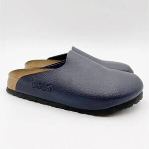 BIRKENSTOCK Amsterdam Slip On Mule Clogs Navy Blue Leather